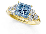 Yellow gold Fancy Blue Princess  Cut Diamond Cluster Ring with Round Accent Stones and Prong Setting on a Classic Band_50