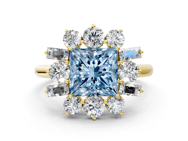 Yellow gold Fancy Blue Princess Cut Diamond Cluster Ring with Round and Baguette Stones, Split Shank Band, Prong Setting