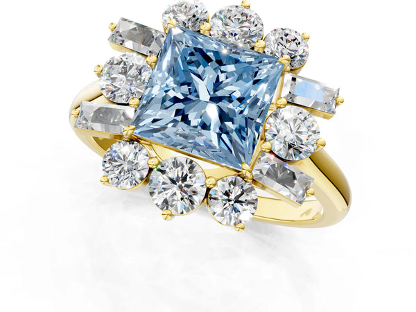 Yellow gold Fancy Blue Princess Cut Diamond Cluster Ring with Round and Baguette Stones, Split Shank Band, Prong Setting