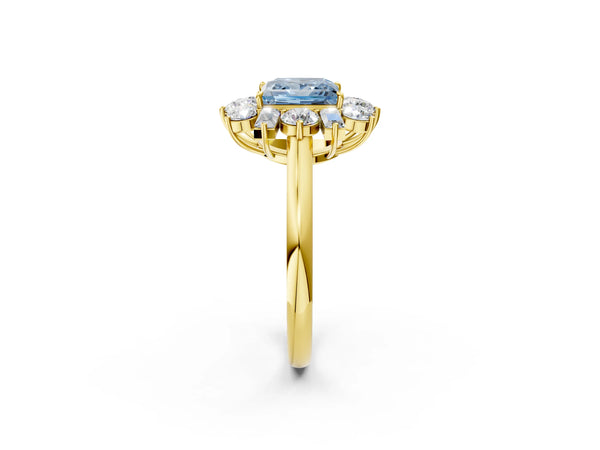Yellow gold Fancy Blue Princess Cut Diamond Cluster Ring with Round and Baguette Stones, Split Shank Band, Prong Setting