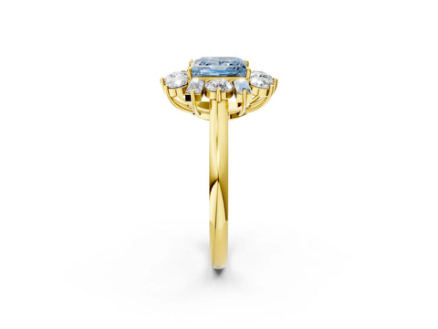 Yellow gold Fancy Blue Princess Cut Diamond Cluster Ring with Round and Baguette Stones, Split Shank Band, Prong Setting_2