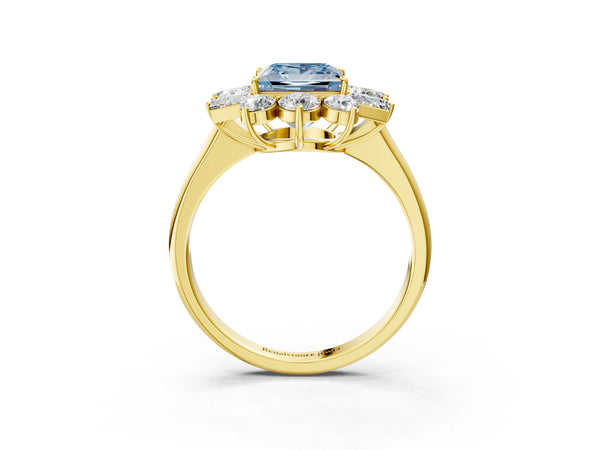 Yellow gold Fancy Blue Princess Cut Diamond Cluster Ring with Round and Baguette Stones, Split Shank Band, Prong Setting