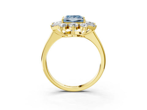 Yellow gold Fancy Blue Princess Cut Diamond Cluster Ring with Round and Baguette Stones, Split Shank Band, Prong Setting_3