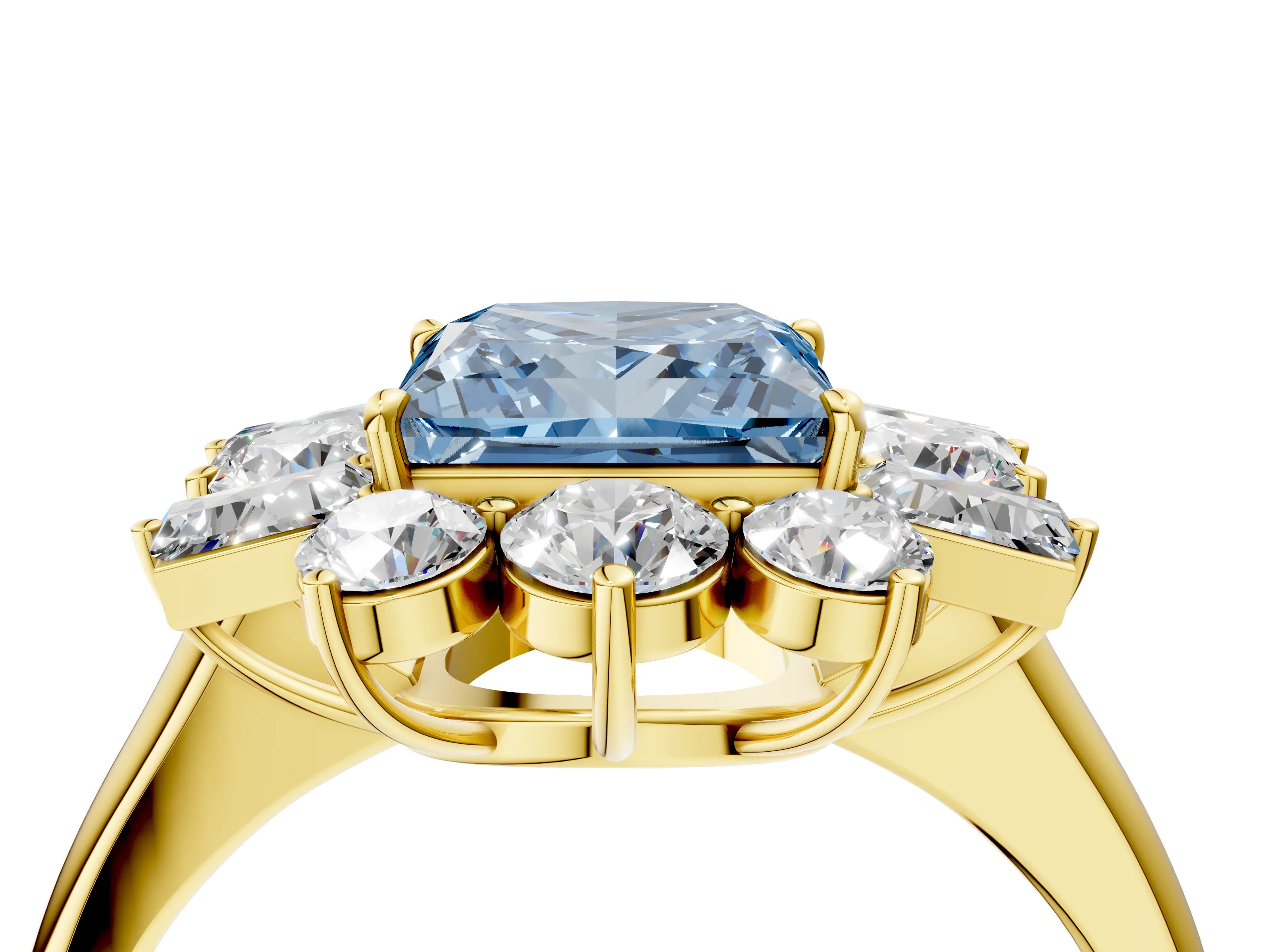 Yellow gold Fancy Blue Princess Cut Diamond Cluster Ring with Round and Baguette Stones, Split Shank Band, Prong Setting_4