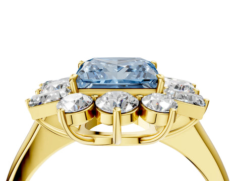 Yellow gold Fancy Blue Princess Cut Diamond Cluster Ring with Round and Baguette Stones, Split Shank Band, Prong Setting_4