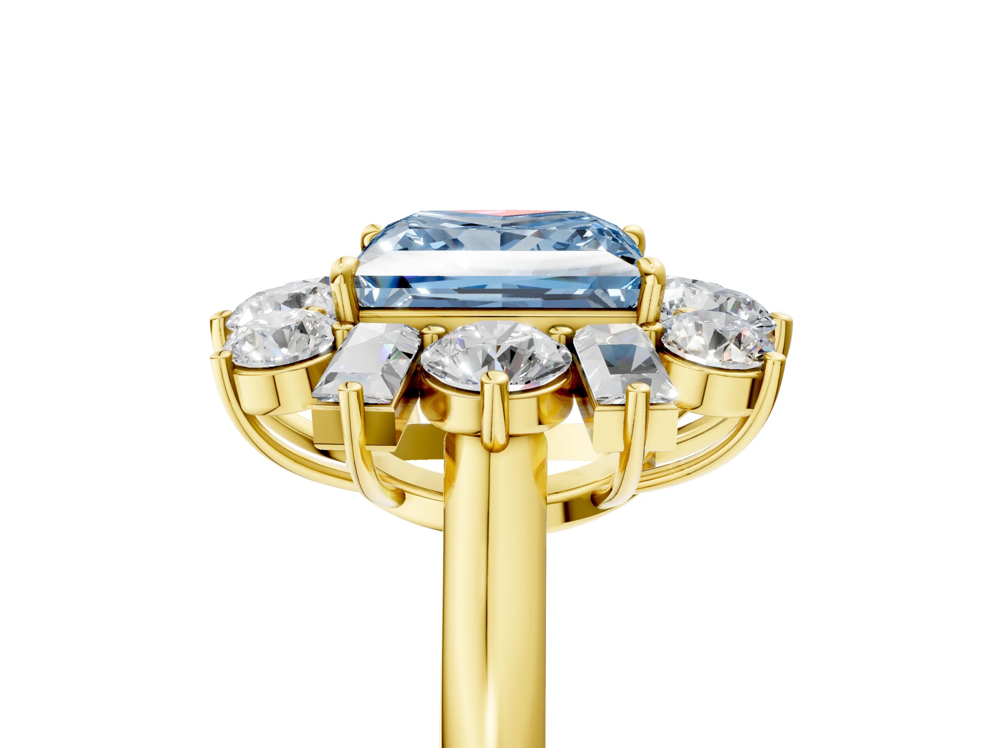 Yellow gold Fancy Blue Princess Cut Diamond Cluster Ring with Round and Baguette Stones, Split Shank Band, Prong Setting_5