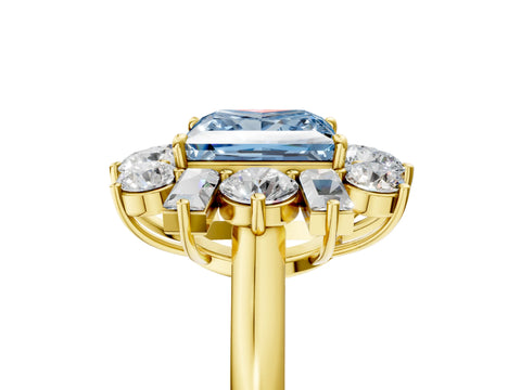 Yellow gold Fancy Blue Princess Cut Diamond Cluster Ring with Round and Baguette Stones, Split Shank Band, Prong Setting_5