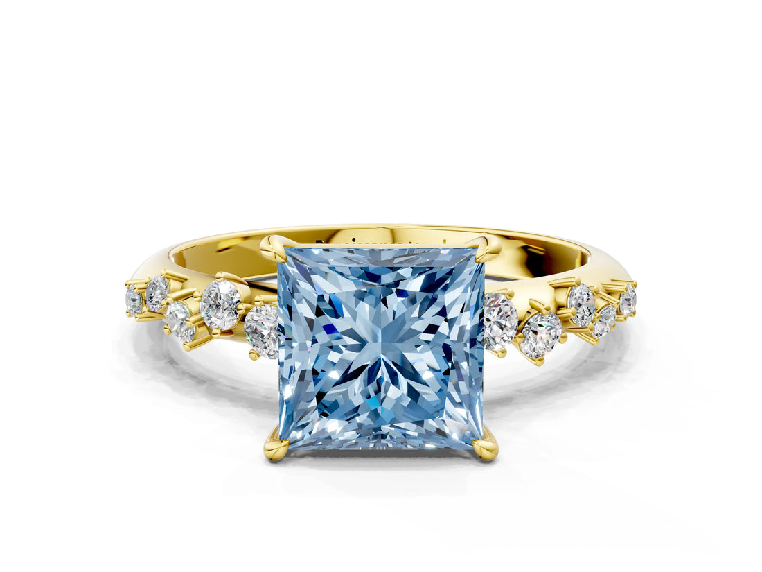 Yellow gold Fancy Blue Princess Cut Diamond Cluster Side Stone Solitaire Ring with Prong Setting_53