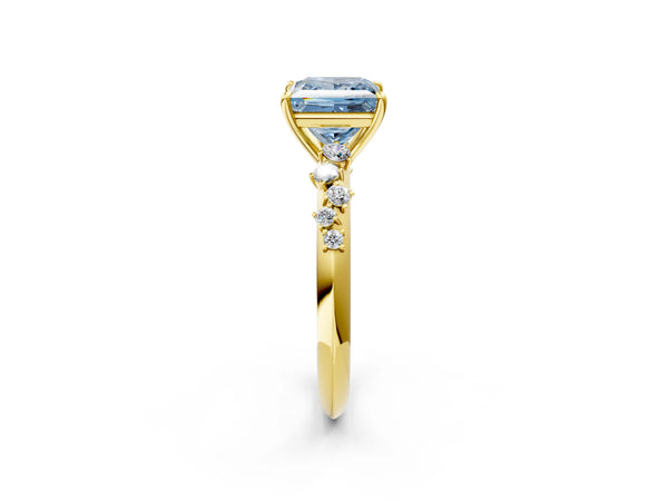 Yellow gold Fancy Blue Princess Cut Diamond Cluster Side Stone Solitaire Ring with Prong Setting