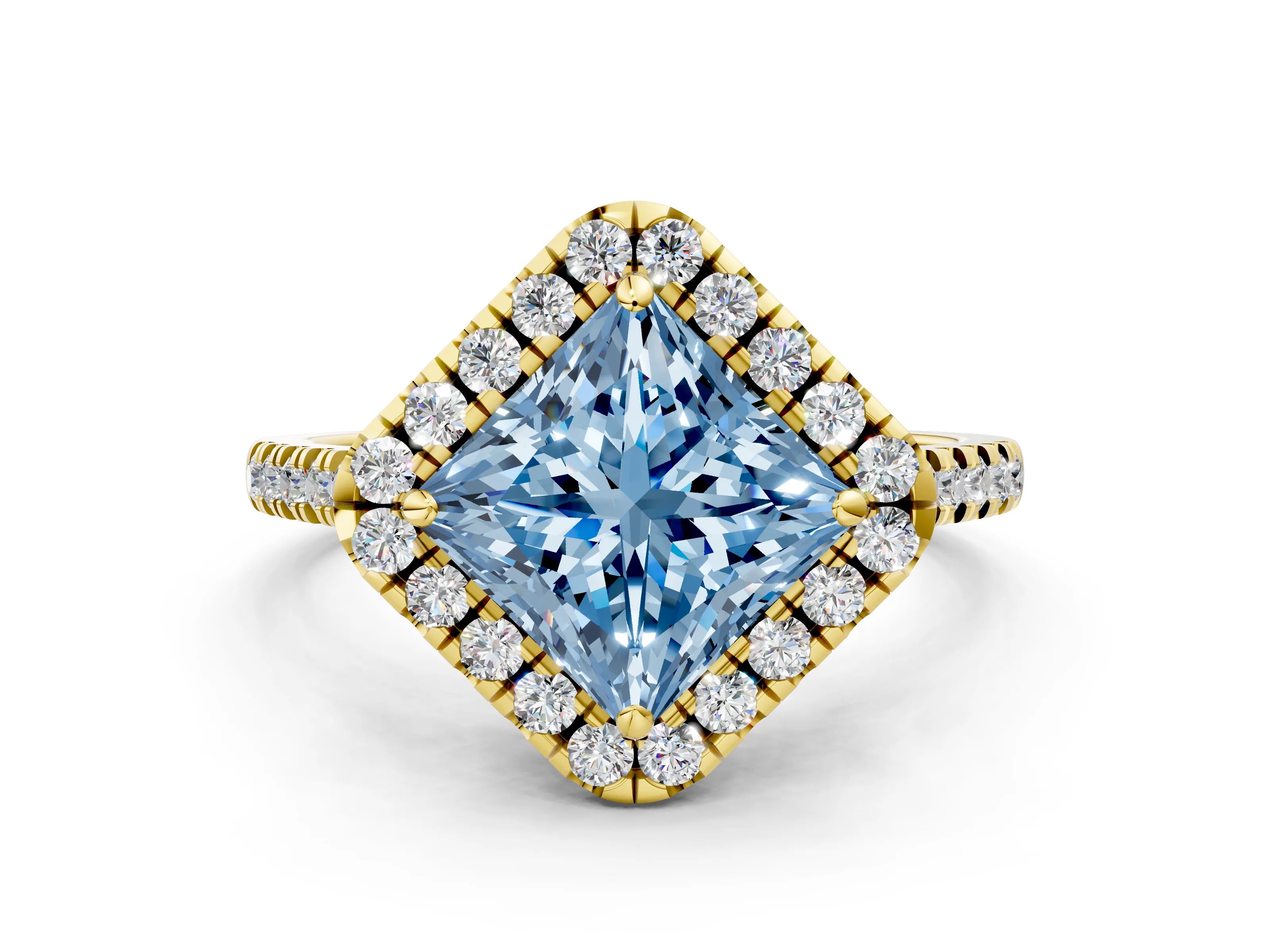 Yellow gold Fancy Blue Princess Cut Diamond Cushion Halo Ring with Pavé Band