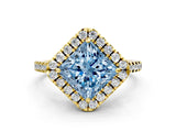 Yellow gold Fancy Blue Princess Cut Diamond Cushion Halo Ring with Pavé Band