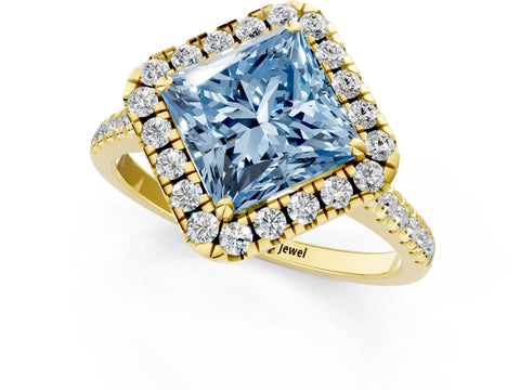 Yellow gold Fancy Blue Princess Cut Diamond Cushion Halo Ring with Pavé Band_1