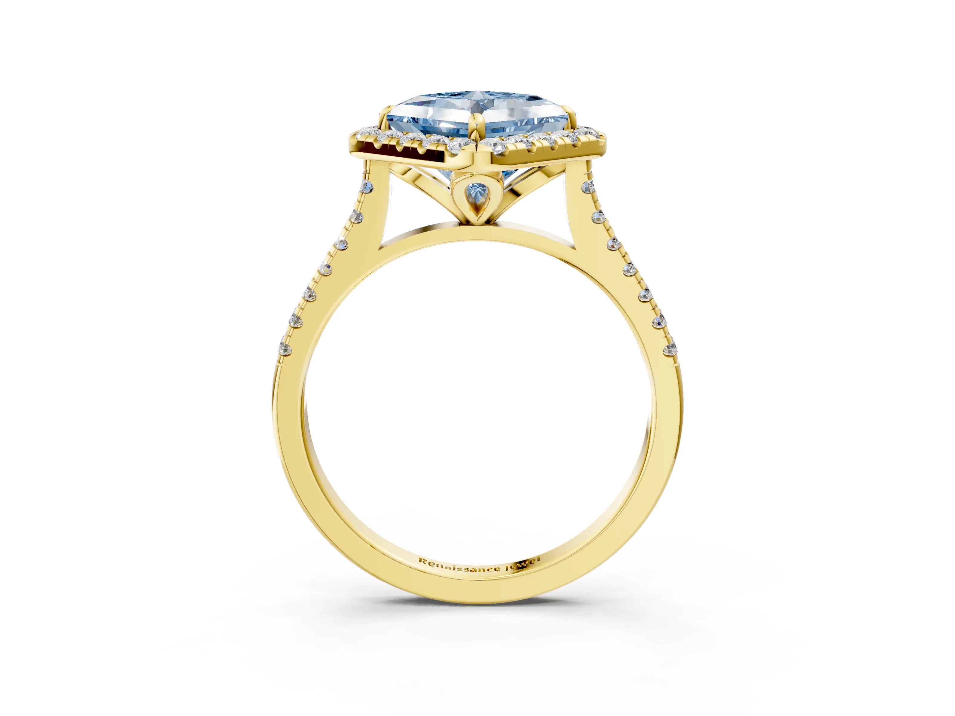 Yellow gold Fancy Blue Princess Cut Diamond Cushion Halo Ring with Pavé Band_3