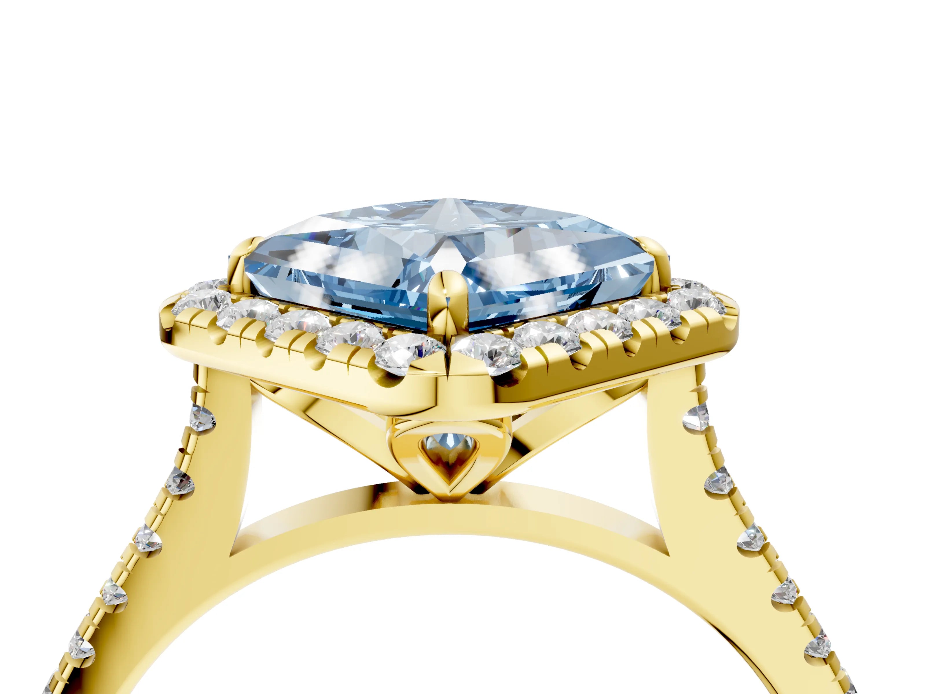 Yellow gold Fancy Blue Princess Cut Diamond Cushion Halo Ring with Pavé Band_4