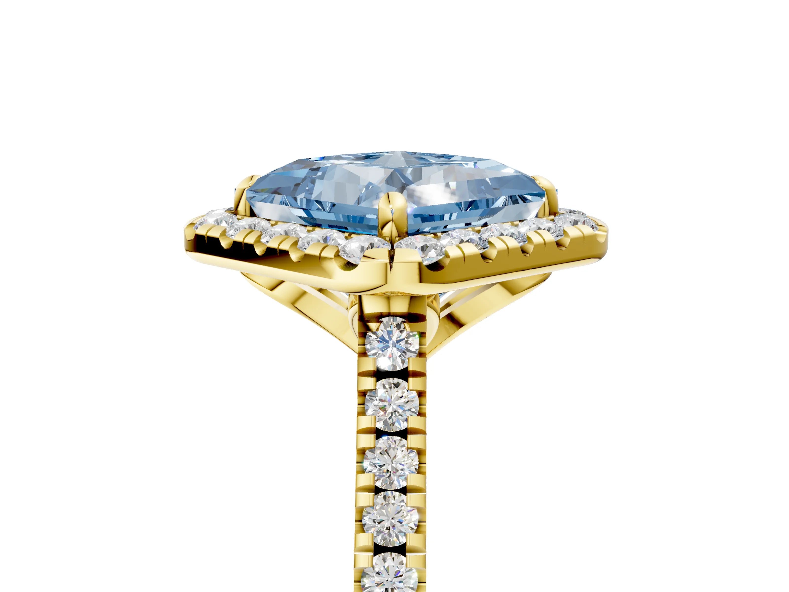 Yellow gold Fancy Blue Princess Cut Diamond Cushion Halo Ring with Pavé Band_5