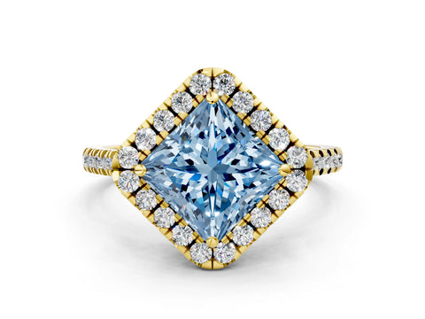 Yellow gold Fancy Blue Princess Cut Diamond Cushion Halo Ring with Pavé Band