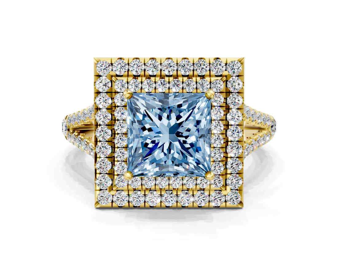 Yellow gold Fancy Blue Princess Cut Diamond Double Halo Ring with Pavé Band and Prong Setting_89