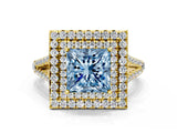 Yellow gold Fancy Blue Princess Cut Diamond Double Halo Ring with Pavé Band and Prong Setting_89