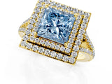 Yellow gold Fancy Blue Princess Cut Diamond Double Halo Ring with Pavé Band and Prong Setting_90
