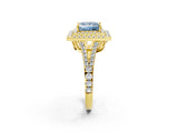 Yellow gold Fancy Blue Princess Cut Diamond Double Halo Ring with Pavé Band and Prong Setting_91