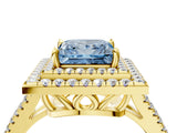 Yellow gold Fancy Blue Princess Cut Diamond Double Halo Ring with Pavé Band and Prong Setting_93