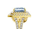Yellow gold Fancy Blue Princess Cut Diamond Double Halo Ring with Pavé Band and Prong Setting_94