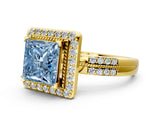 Yellow gold Fancy Blue Princess Cut Diamond Double Halo Ring with Split Shank and Four-Prong Setting_12