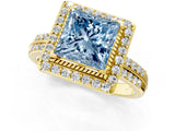 Yellow gold Fancy Blue Princess Cut Diamond Double Halo Ring with Split Shank and Four-Prong Setting_13