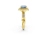 Yellow gold Fancy Blue Princess Cut Diamond Double Halo Ring with Split Shank and Four-Prong Setting_14