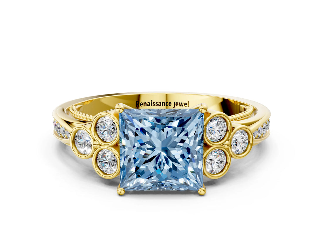 Yellow gold Fancy Blue Princess  Cut Diamond Engagement Ring with Bezel Set Round Side Stones and Prong Setting_49