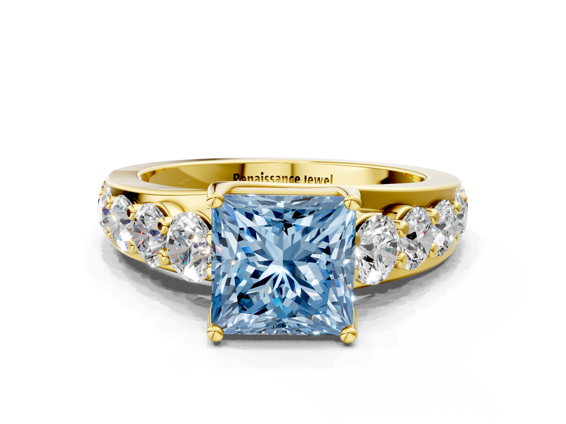Yellow gold Fancy Blue Princess  Cut Diamond Engagement Ring with Pavé Band and Four-Prong Setting_3