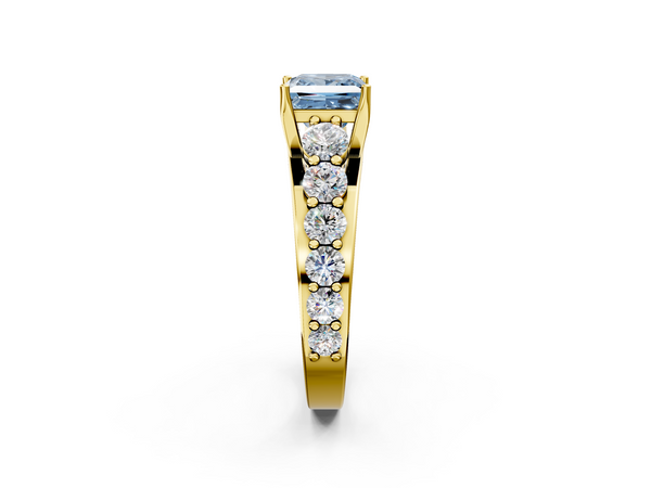 Yellow gold Fancy Blue Princess Cut Diamond Engagement Ring with Pavé Band and Four-Prong Setting