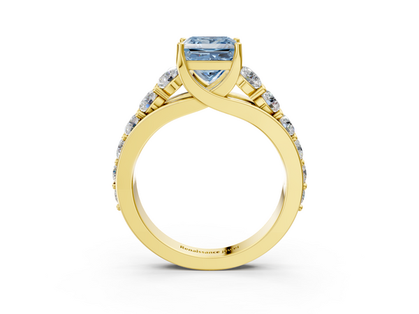 Yellow gold Fancy Blue Princess Cut Diamond Engagement Ring with Pavé Band and Four-Prong Setting