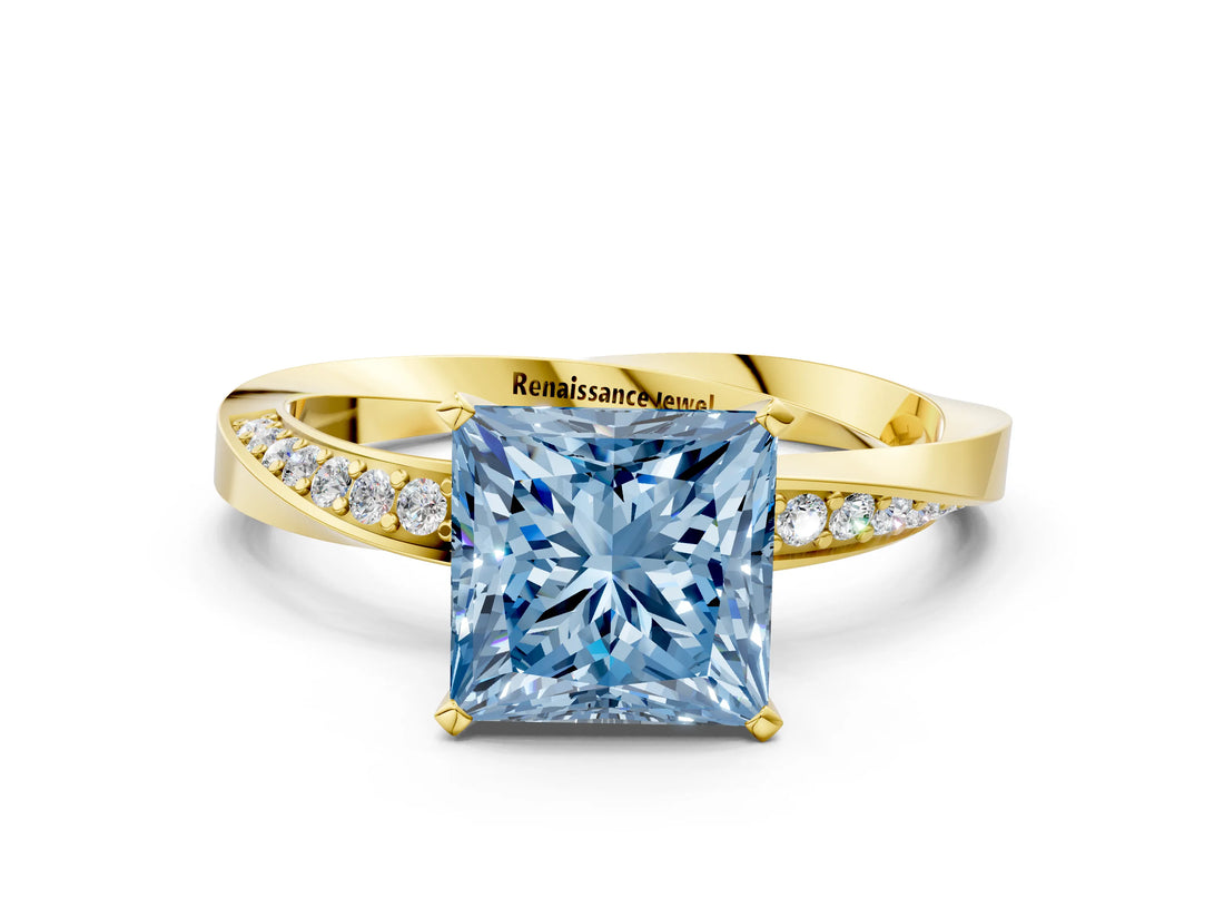 Yellow gold Fancy Blue Princess Cut Diamond Engagement Ring with Side Stone Accents and Four-Prong Setting_12