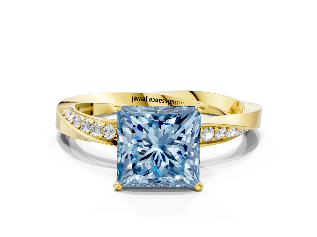 Yellow gold Fancy Blue Princess Cut Diamond Engagement Ring with Side Stone Accents and Four-Prong Setting_96
