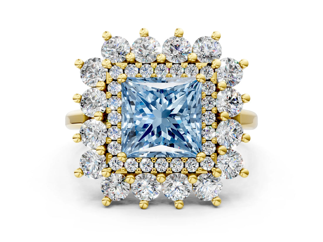 Yellow gold Fancy Blue Princess Cut Diamond Floral Double Halo Engagement Ring with Prong Setting_24
