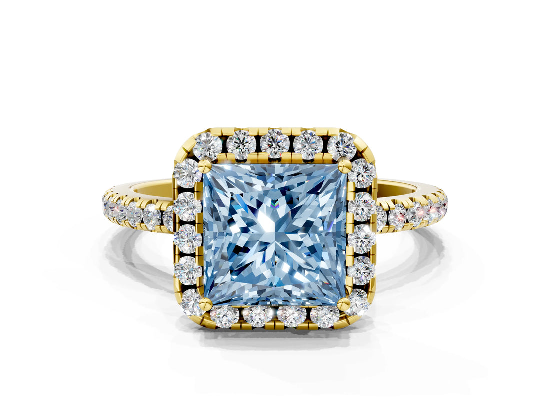 Yellow gold Fancy Blue Princess  Cut Diamond Floral Halo Engagement Ring with Pavé Band and Prong Setting_36