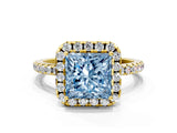 Yellow gold Fancy Blue Princess  Cut Diamond Floral Halo Engagement Ring with Pavé Band and Prong Setting_36