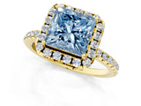 Yellow gold Fancy Blue Princess  Cut Diamond Floral Halo Engagement Ring with Pavé Band and Prong Setting_37