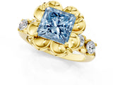 Yellow gold Fancy Blue Princess  Cut Diamond Floral Halo Engagement Ring with Shared Prong Setting 1