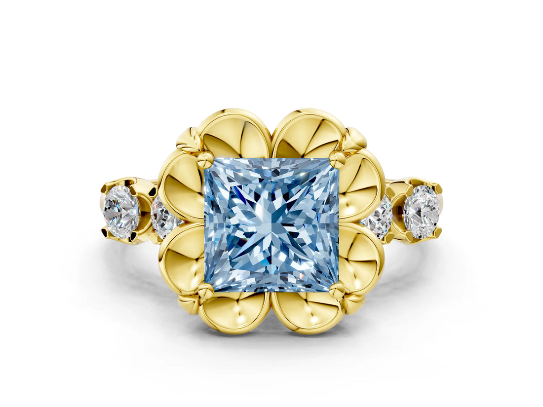 Yellow gold Fancy Blue Princess  Cut Diamond Floral Halo Engagement Ring with Shared Prong Setting