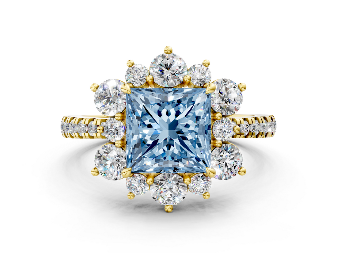 Yellow gold Fancy Blue Princess  Cut Diamond Floral Halo Pave Band with Prong Setting_37