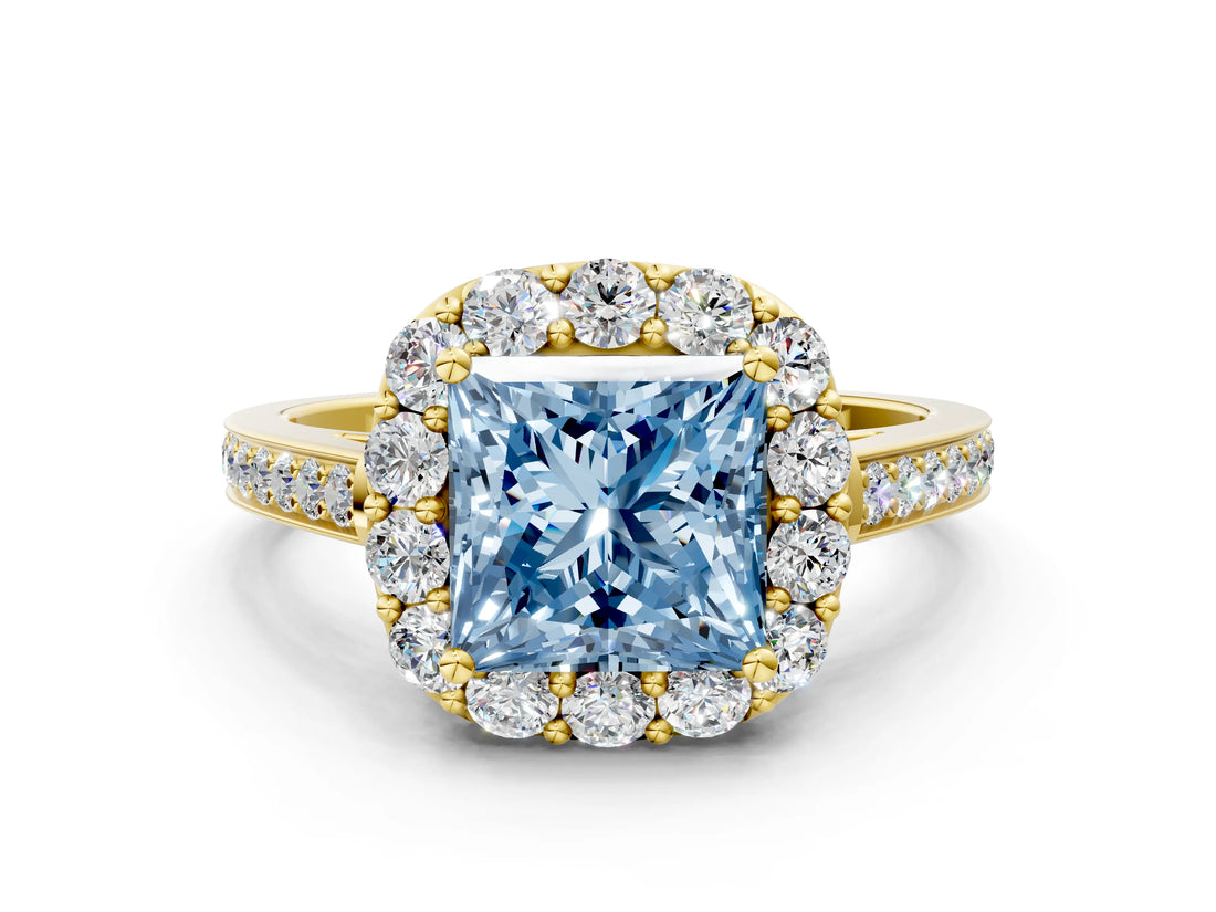 Yellow gold Fancy Blue Princess Cut Diamond Floral Halo Ring with Pavé Band and Prong Setting_3