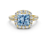 Yellow gold Fancy Blue Princess Cut Diamond Floral Halo Ring with Pavé Band and Prong Setting_3