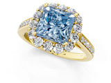 Yellow gold Fancy Blue Princess Cut Diamond Floral Halo Ring with Pavé Band and Prong Setting_4
