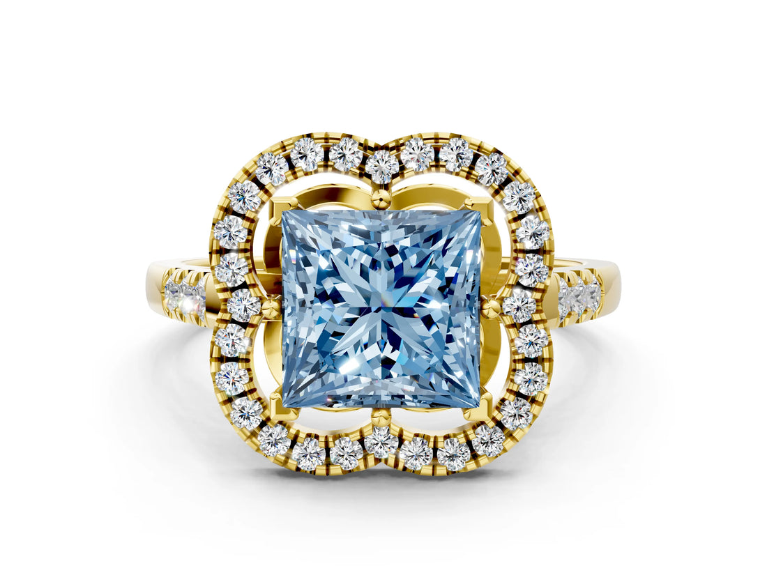 Yellow gold Fancy Blue Princess Cut Diamond Floral Halo Split Shank Prong Setting Ring_12