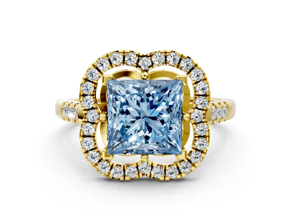 Yellow gold Fancy Blue Princess Cut Diamond Floral Halo Split Shank Prong Setting Ring