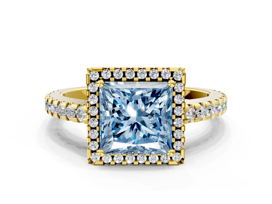 Yellow gold Fancy Blue Princess Cut Diamond Halo Engagement Ring with Pavé Band and Prong Setting_27