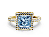 Yellow gold Fancy Blue Princess Cut Diamond Halo Engagement Ring with Pavé Band and Prong Setting_27