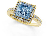 Yellow gold Fancy Blue Princess Cut Diamond Halo Engagement Ring with Pavé Band and Prong Setting_28